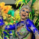 A member of the samba school Grande Rio performs on the second day of parades at the Sambodromo during the Carnival of Rio de Janeiro.